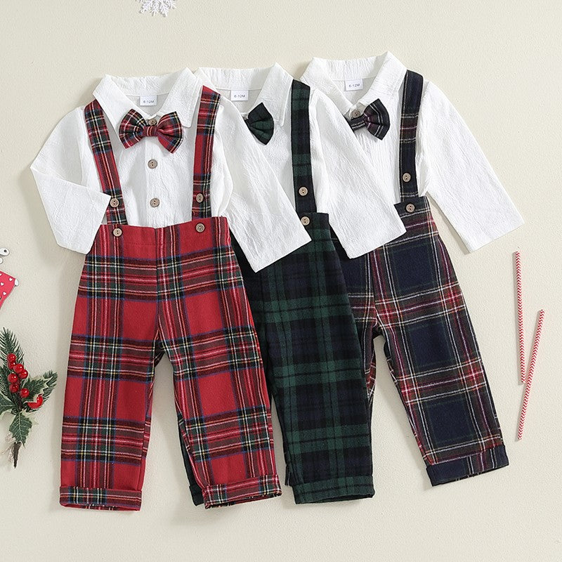 Baby Boy Gentleman Outfits Long Sleeve Lapel Romper + Plaid Suspender Pants + Bow Tie 3Pcs Sets Newborn Toddler Christmas Formal