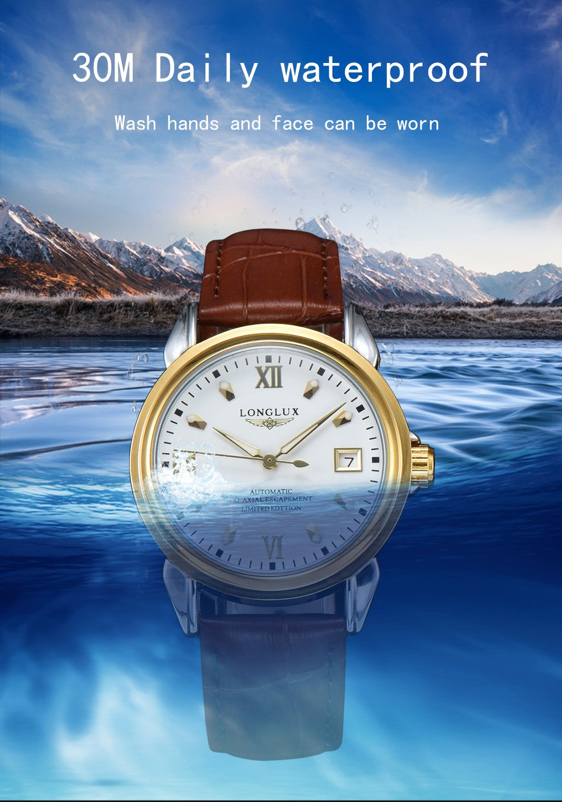 LONGLUX automatic man watch business leisure dating mechanical wristwatches day date waterproof leather  mens watch men gift