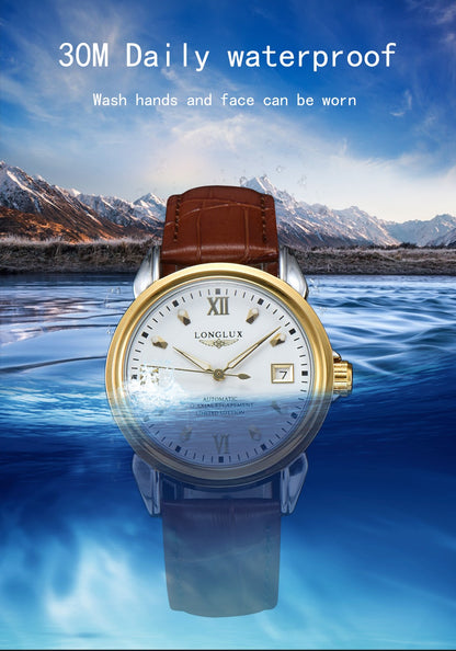 LONGLUX automatic man watch business leisure dating mechanical wristwatches day date waterproof leather  mens watch men gift