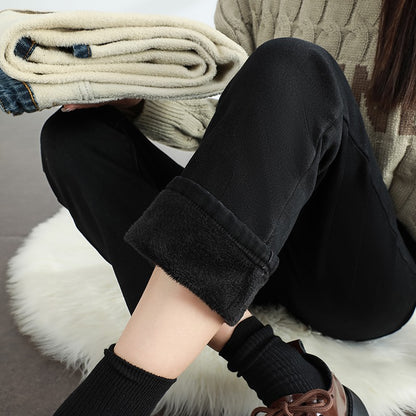 Women's Winter Fleece Warm Jeans Retro Elastic Thickened Comfortable Straight Fashion Korean Casual Female Velvet Denim Pants