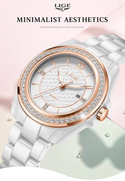 LIGE Fashion Quartz Watch for Women Stainless Steel Ceramics Strap Waterproof Women's Watches Elegant Luxury Ladies Wristwatch