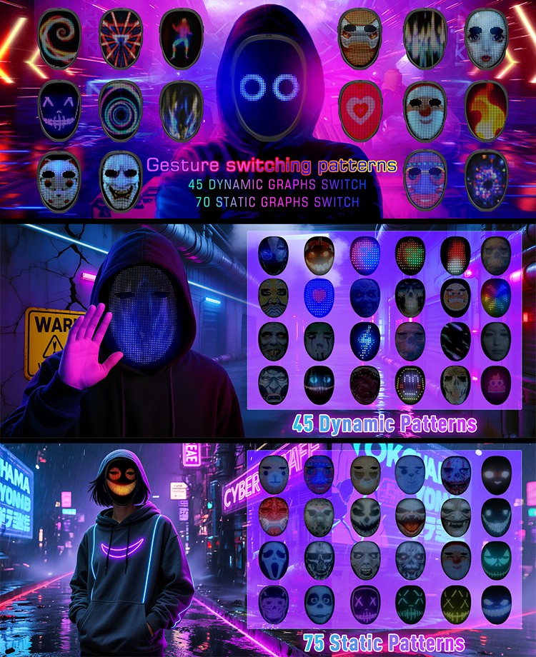 Led Mask with Gesture Sensing,Bluetooth APP Control Programmable Smart Display Face Transforming Light Up Halloween Mask