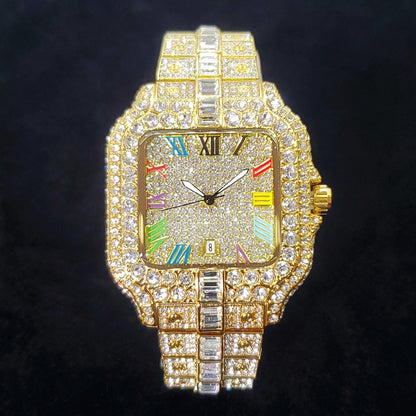 2025 New Luxury Diamond Watch Men Fashion Iced Out Square Colorful Number Watches Hip Hop Bling Jewelry Reloj Hombre for Party