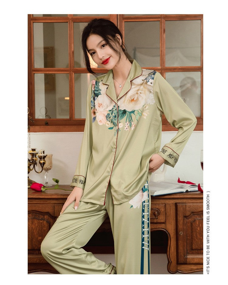 Lightweight Long-Sleeve Silk Pajamas Set for Young Girls French-Style Casual Homewear Nightwear Women's Comfortable Sleepwear