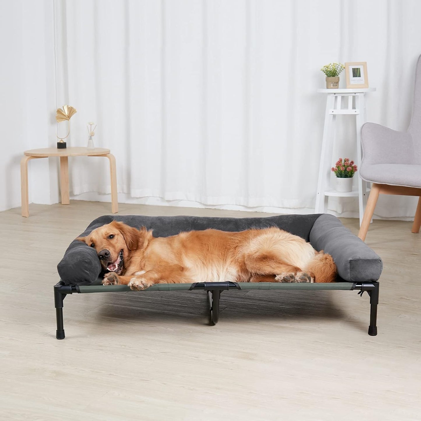 Outdoor Elevated Dog Bed Cooling Raised Pet Lounger Bed Mesh Cot Sleep Camping Bed with Detachable Plush Bolster