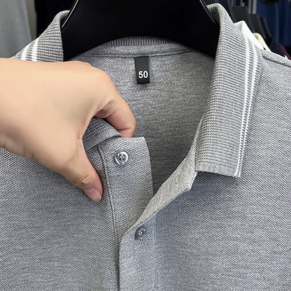 100Cotton Luxury Quality Men's Polo Shirt Striped Collar Breathable V-Print Long Sleeve Autumn Lapel T-Shirt Business Menswear