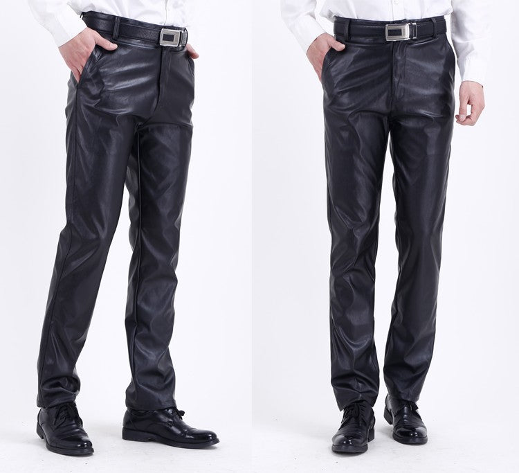 Men's Leather Pants Straight Fit Elastic PU Leather Trousers Motorcycle Pants Thin