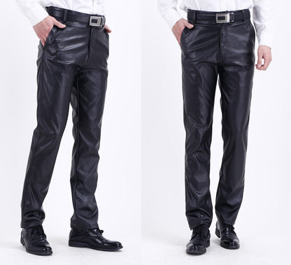 Men's Leather Pants Straight Fit Elastic PU Leather Trousers Motorcycle Pants Thin