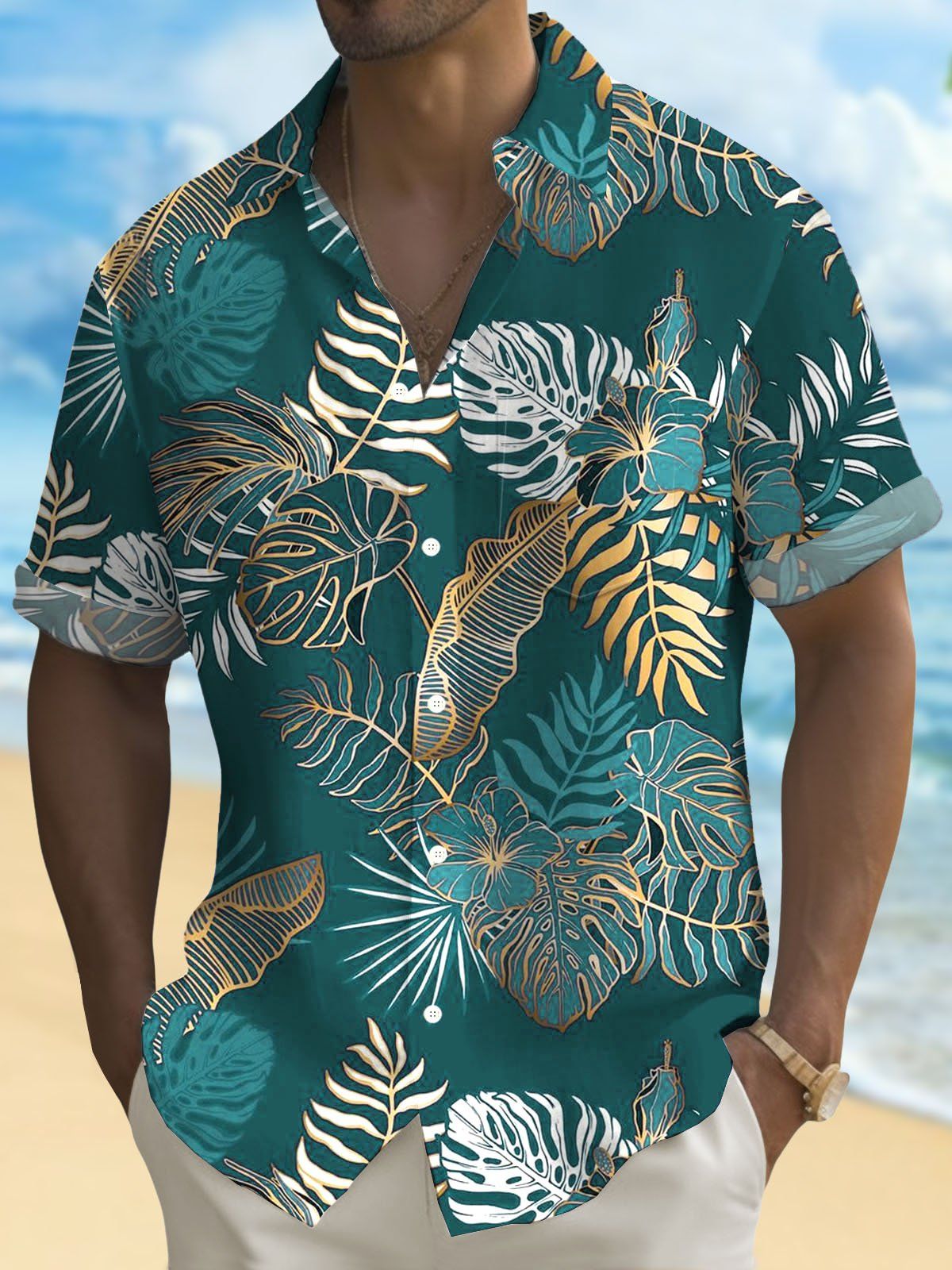Hawaiian Plant Golden Leaves 3D Print Men's hawaiian Shirt Outdoor Street Casual Summer Turndown Short Sleeve Polyester Shirt