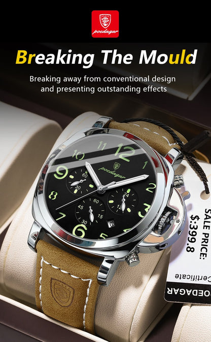 POEDAGAR Top Luxury Fashion Watch For Men Waterproof Luminous Chronograph Man Watch Leather Military Men's Quartz Watches Reloj