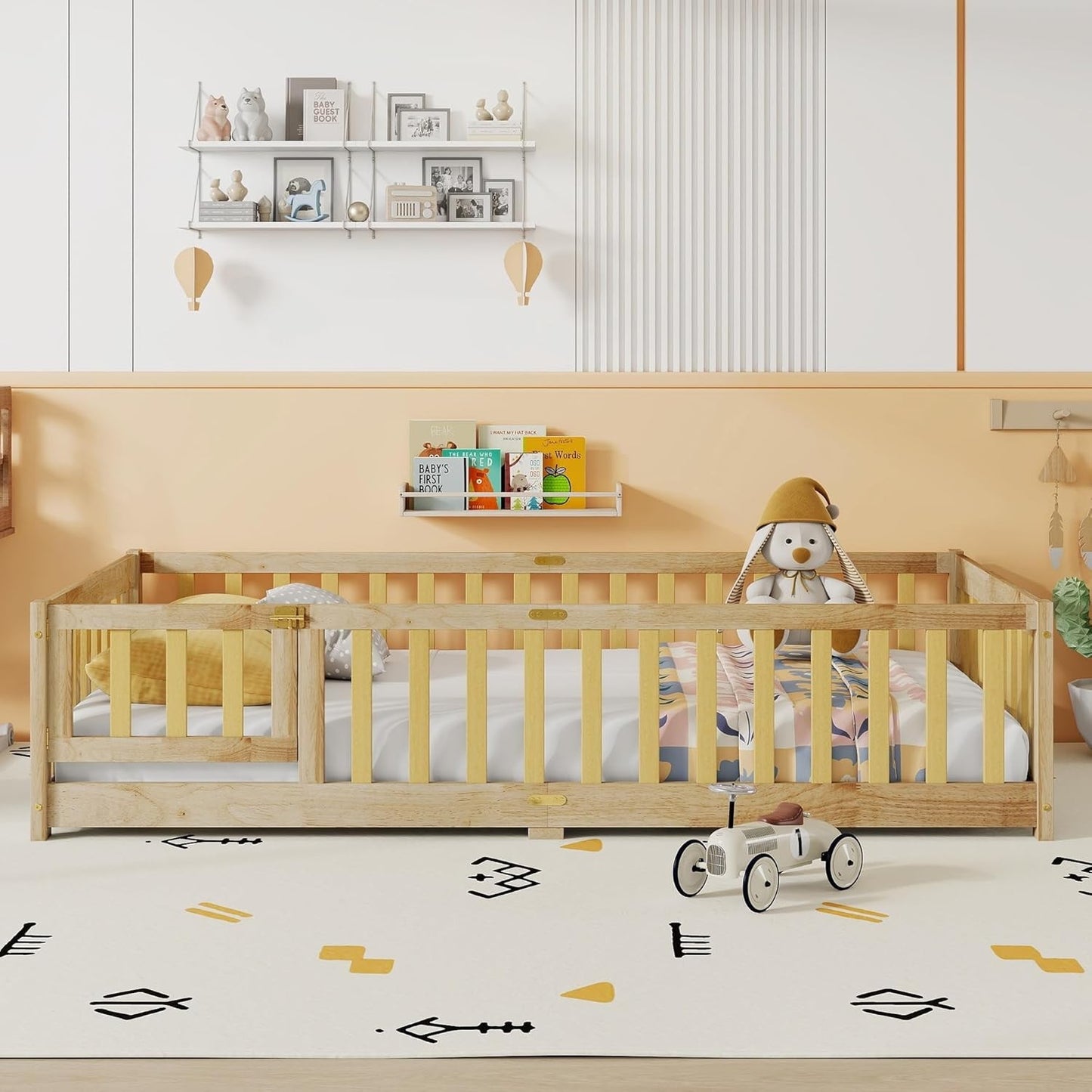 Cama de Chão Tamanho Solteiro para Crianças, Meninas, Meninos, Cama de Chão de Madeira de Borracha com Estrado e Porta/Grades/Cerca, Natural