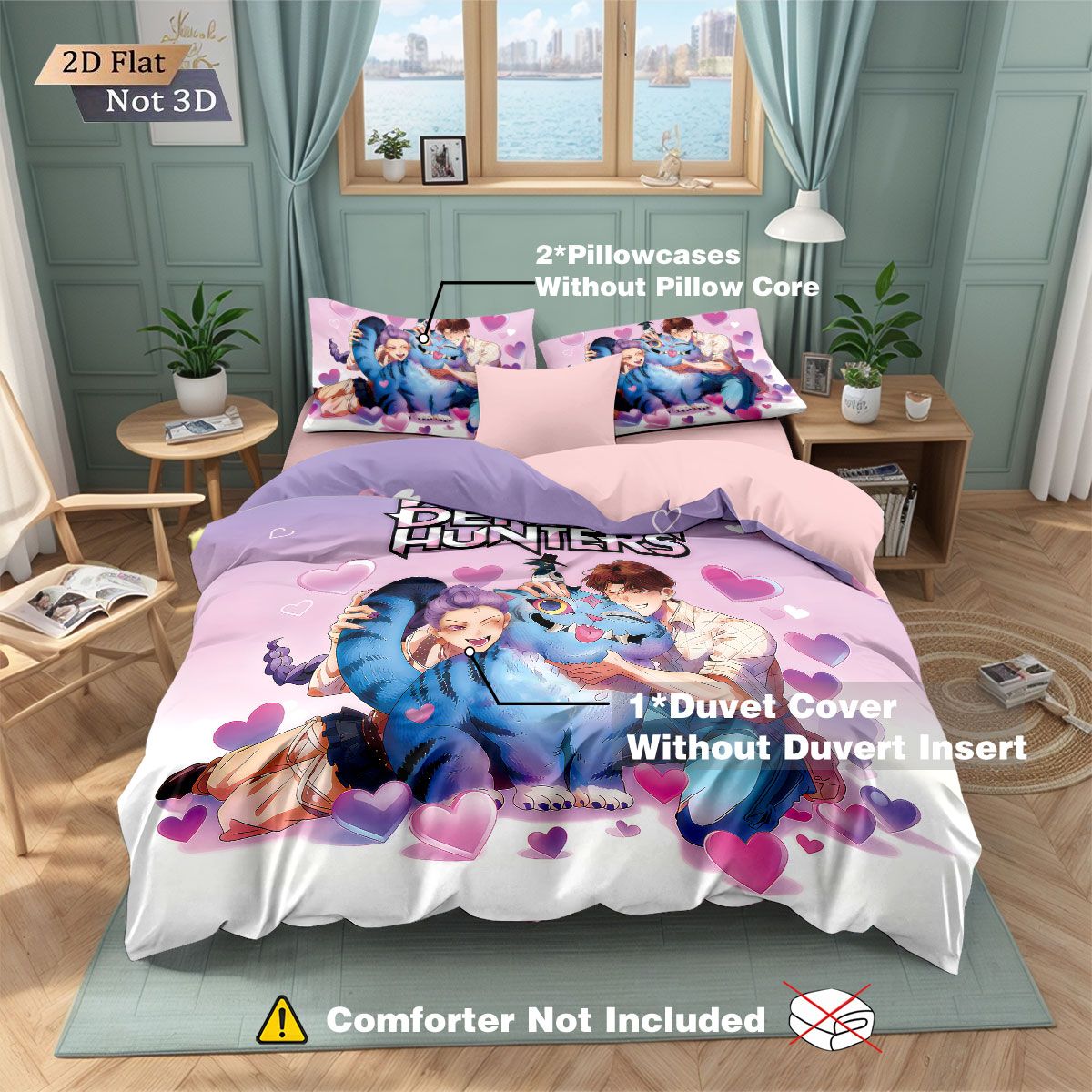 3pcs K-Pop Demon Hunters printed coreless down duvet cover various sizes, soft bedroom bedding decoration, machine washable
