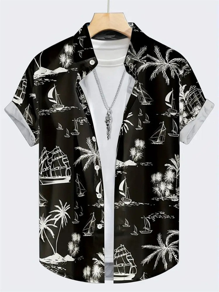 Summer Men's Shirt Coconut Tree 3D Print Casual Short Sleeve Lapel Tops Beach Casual Hawaiian Shirt Men Oversized Shirts For Men