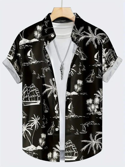 Summer Men's Shirt Coconut Tree 3D Print Casual Short Sleeve Lapel Tops Beach Casual Hawaiian Shirt Men Oversized Shirts For Men