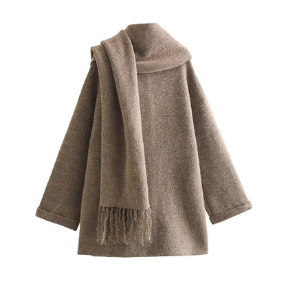 Women's Fashion Scarf Short Knit Coat Jacket Loose Warm Long Sleeve Two Pieces Solid Color High Street O-Neck Outerwear