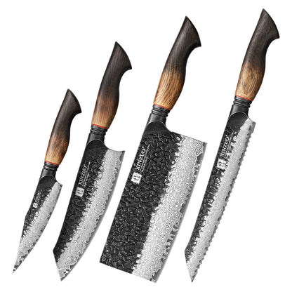 XINZUO 1-6-Piece Damascus Knife Set 67-Layer Steel White Oak Red G10 Handles Paring Utility Cleaver Santoku Bread Knife