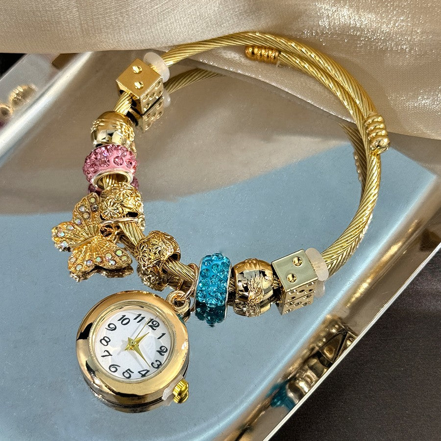 Cross-border Gold Bracelet Watch Adjustable opening Alloy bracelet Quartz Watch Beaded Small flower bracelet Watch