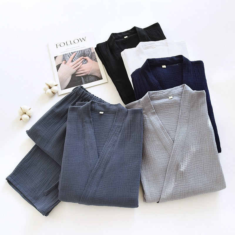 Large Size Kimono Robes with Pocket and Long Pants 2 Pcs Pajamas Set for Men Sleepwear Clothes Cotton Pjamas for Men