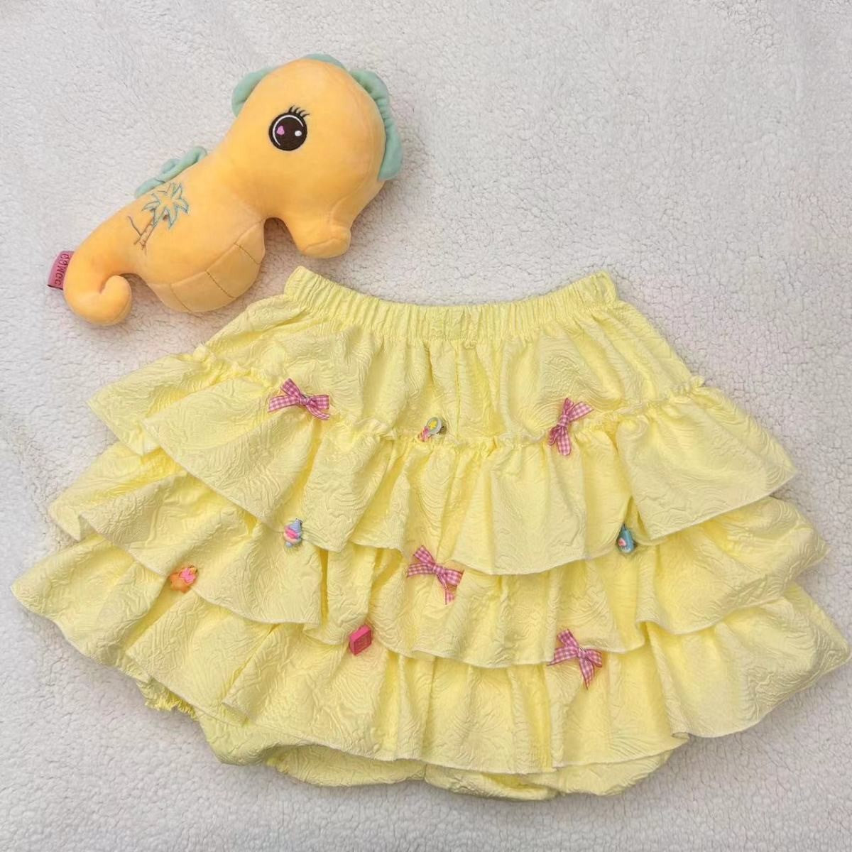 Japanese Kawaii Yellow Cake Skirts Women Casual Y2k Clothing Harajuku Cute Skirts Female Outwear Chic Party Bow Cosplays Girls