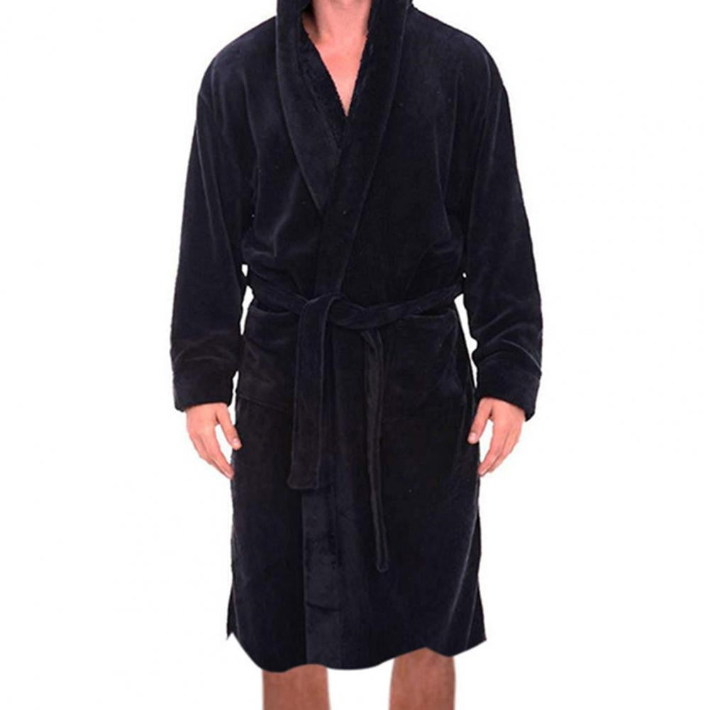 Belt Flannel Bath Robe for Men Hooded Pockets Warm Men Nightgown Men Plush Bathrobe Sleepwear Home Clothes Loose Pajamas Robe