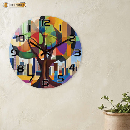 Geometric Abstract Tree Wall Clock, Colorful Cityscape Backdrop, Modern Art Urban Nature Fusion Home Decor