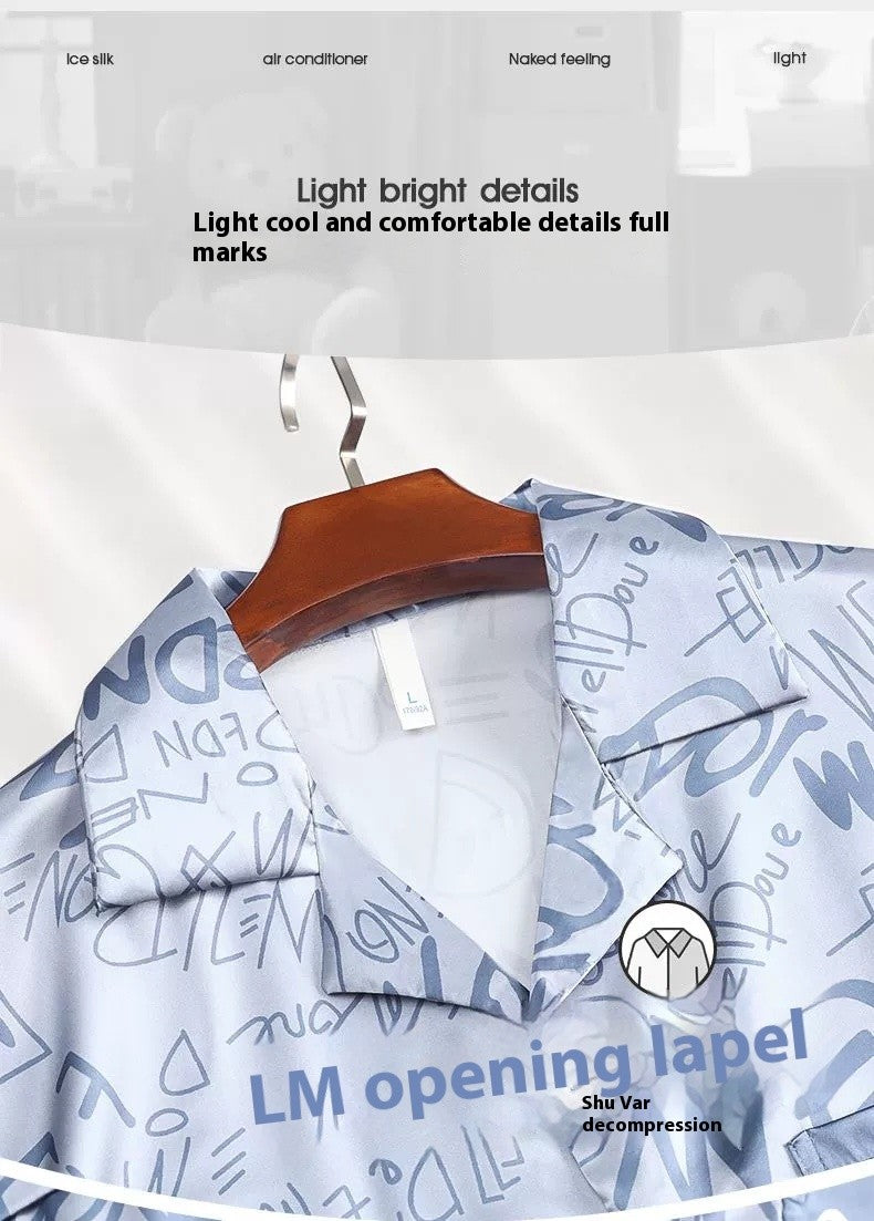 Large Size Men‘s Pajamas Set Ice Silk Cartoon Bear Short-Sleeved Student Two-Piece Button Tops and Pants Youth Student Sleepwear