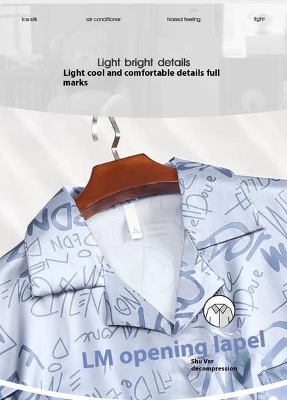 Large Size Men‘s Pajamas Set Ice Silk Cartoon Bear Short-Sleeved Student Two-Piece Button Tops and Pants Youth Student Sleepwear