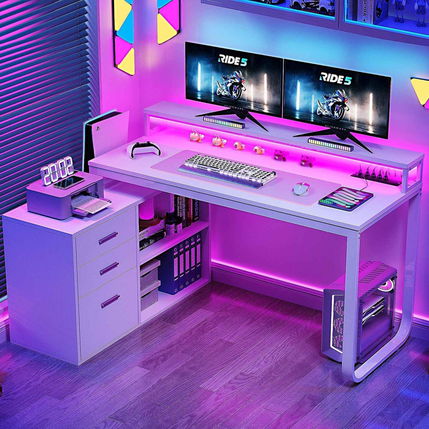 Mesa de computador para jogos em L com gavetas para arquivos para escritório em casa