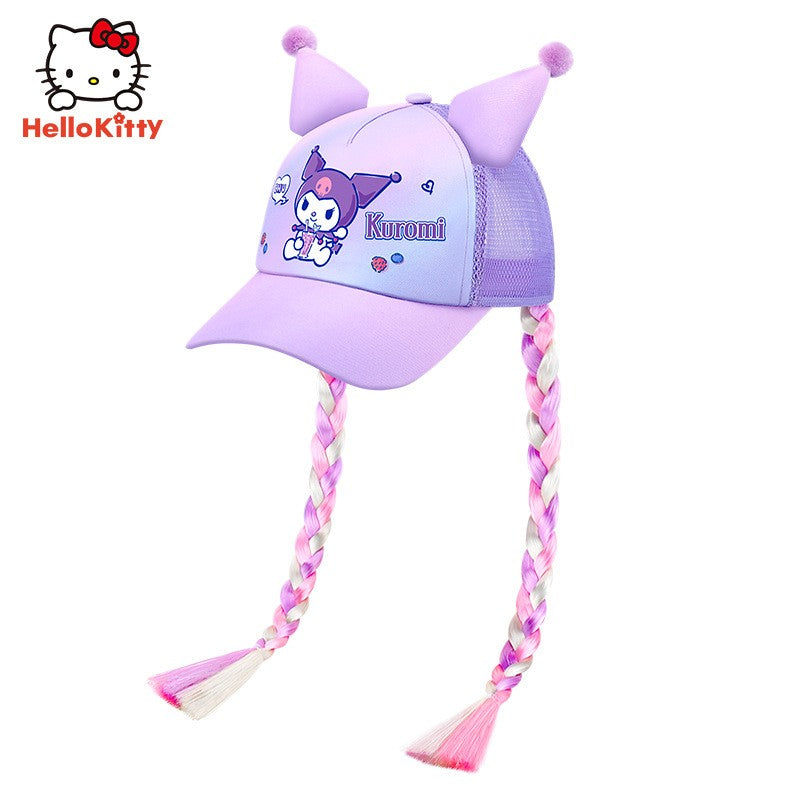 Sanrio Kuromi Baseball Cap Summer Sun Hats for Girl  Breathable Visor Hat  Kawaii Wig Braid Cute Kids Children Aged 5-10 Sunhat