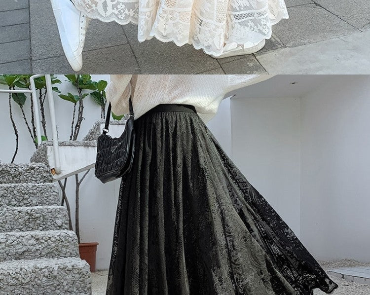 Plus Size plus Size Lace Hollow out f Skirt mid Waist Long Sle Fairy Skirt A-Line Umbrella Skirt Trendy Women's Clothing