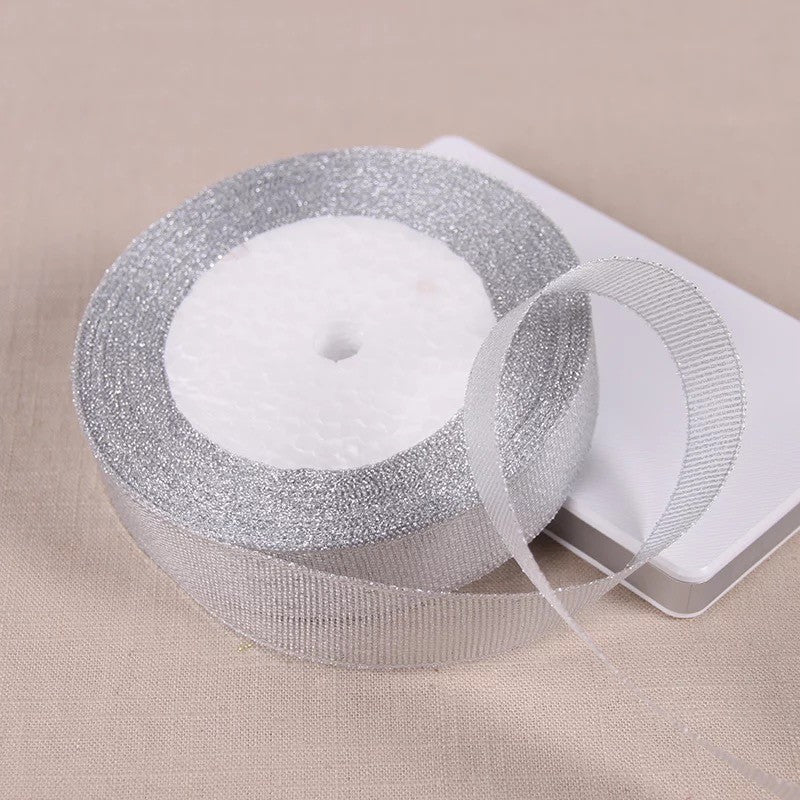 25 Yards 6mm/1cm/1.2cm Silver/Gold Silk Satin Ribbon Party Home Wedding Decoration Gift Wrapping Christmas New Year DIY Tools