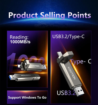 KOOTION U52 Type C USB 3.2 External Solid State Flash Drive 1TB 512GB 256GB Portable Pendrive for PC Laptop iPhone 16 Tablet