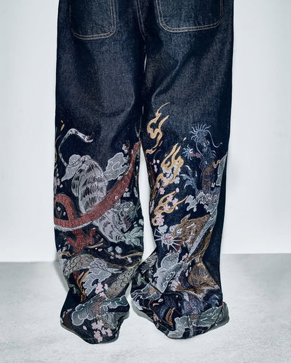 Streetwear Vintage Dragon Fight Embroidered Jeans Y2K Men Women Vintage Inspired Washed Baggy Jeans Mid Rise Wide Leg Trousers
