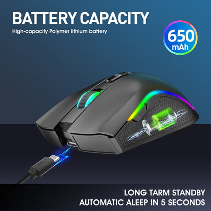 Mouse Mecânico Sem Fio RGB HXSJ T69 2.4G Mouse Gamer Ergonômico com 7 Botões Programáveis 4800DPI para Escritório e Jogos