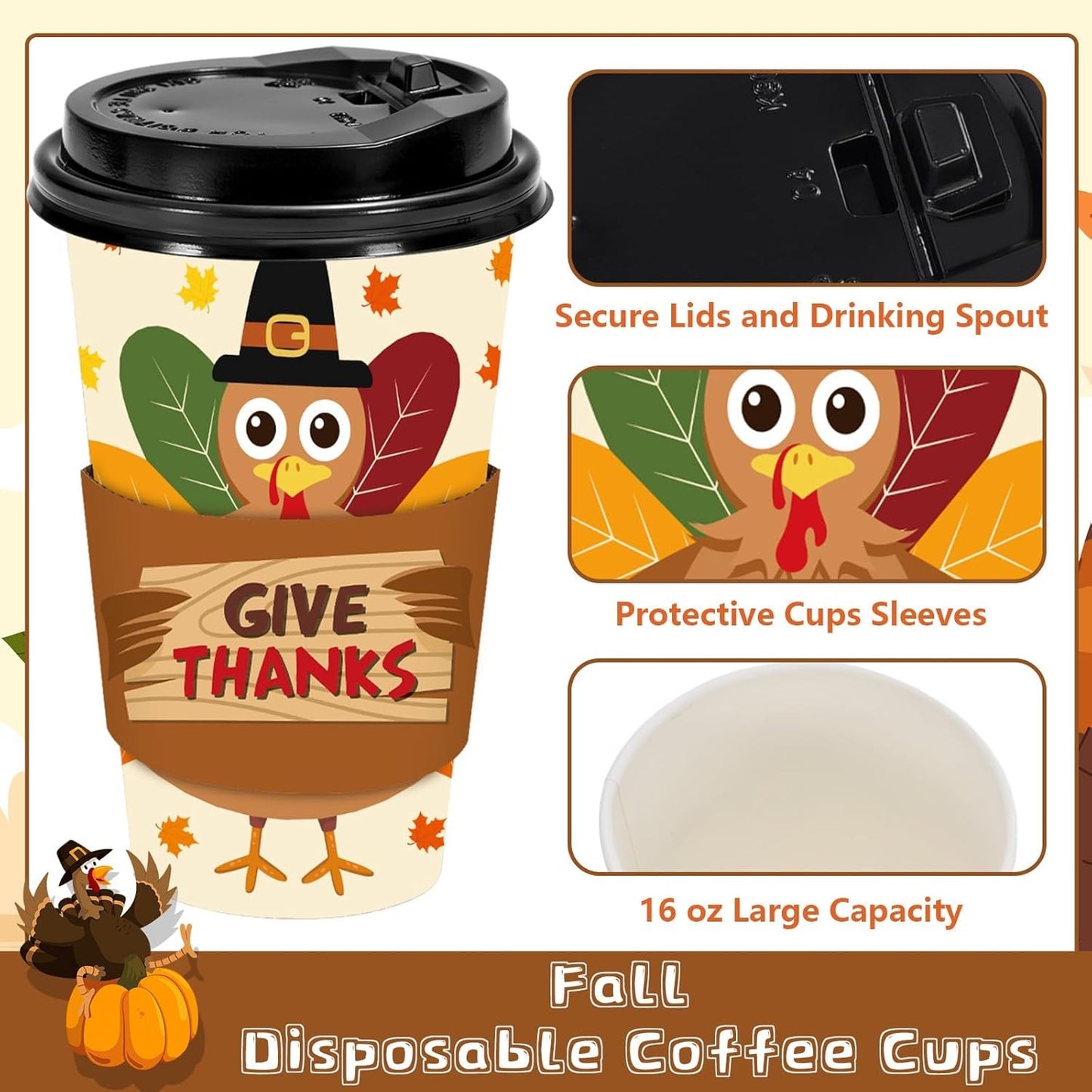 48 Set Fall Thanksgiving Disposable Coffee Cups with Lids and Sleeves Turkey Maple Paper Cups Give Thanks Drinking Cups
