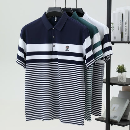 High end brand embossed men short sleeve polo shirt fashion stripe color blocked summer ice silk breathable luxury Paul T-shirt