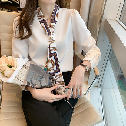 H Han Queen Spring Chiffon Simple Office Lady Blouse Female Shirt Bow Tops Long Sleeve Casual Korean OL Loose Blouses Women