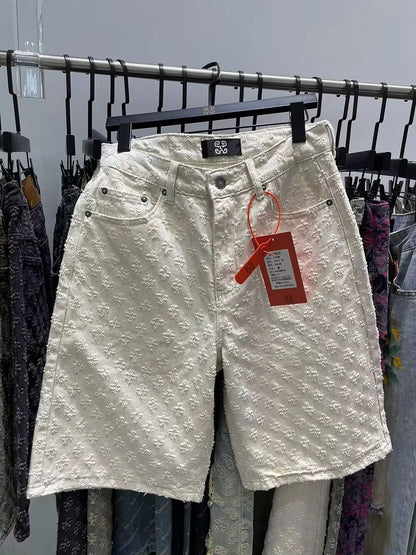 New Summer Men Distressed Short Jeans Vintage Jacquard Straight Leg Men's Denim Shorts Pants