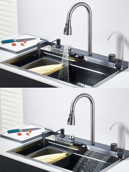 Large 304 Kitchen Sinks 75x45cm Stainless Steel Kitchen Waterfall Sink Digital Display Large Single Sink Dish Washer Faucet