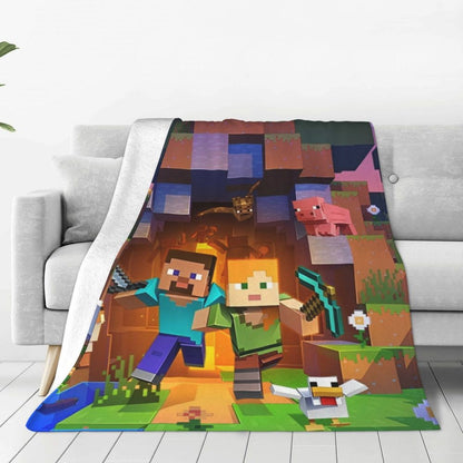 Cartoon Mines Pixel Game Crafts Flannel Blanket Super Warm Throw Blanket for Home Decor Decorative Street Trend Bedspread