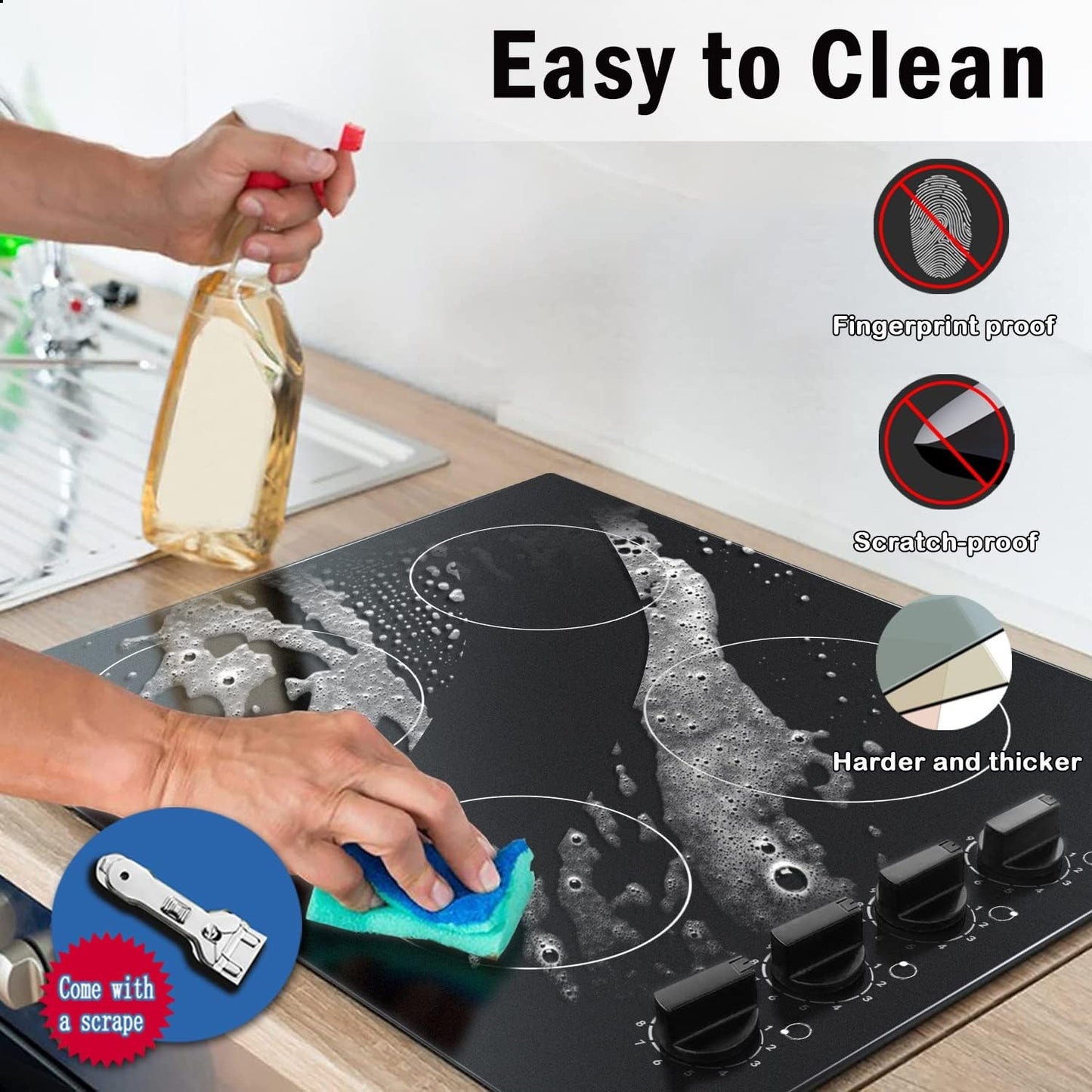 Karinear 4 Burners Electric Cooktop, 24 Inch Built-in, 220-240v, 6000W, Knob Control, Residual Heat Indicator,Hard Wire(No Plug)