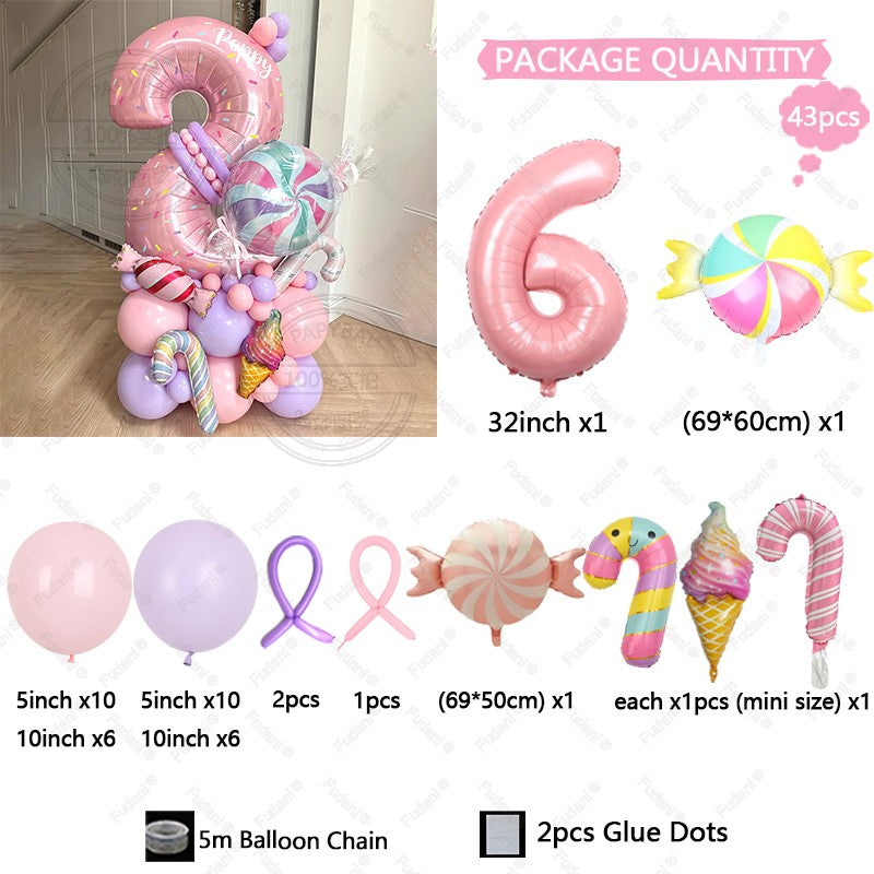 Sweet Pink Lollipop Theme Balloon Column with 32inch Number IcecreamHappy Birthday Party Decora Gifts Supplies
