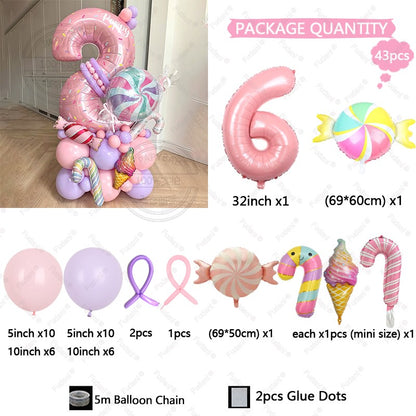 Sweet Pink Lollipop Theme Balloon Column with 32inch Number IcecreamHappy Birthday Party Decora Gifts Supplies