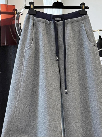 Patchwork Drawstring High Waist Wide Leg Pants for Women Spring and Autumn  Curved Hem Trousers