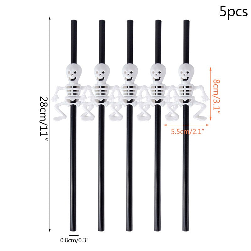 5Pcs Halloween Straws Reusable Plastic Pumpkin Skull Straw 2025 Halloween Bar Party Decoration Supplies Beverage Ornaments