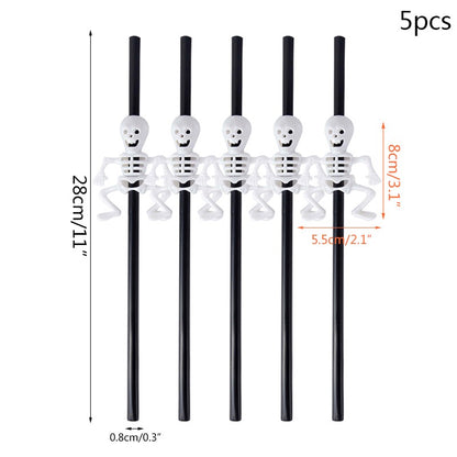 5Pcs Halloween Straws Reusable Plastic Pumpkin Skull Straw 2025 Halloween Bar Party Decoration Supplies Beverage Ornaments
