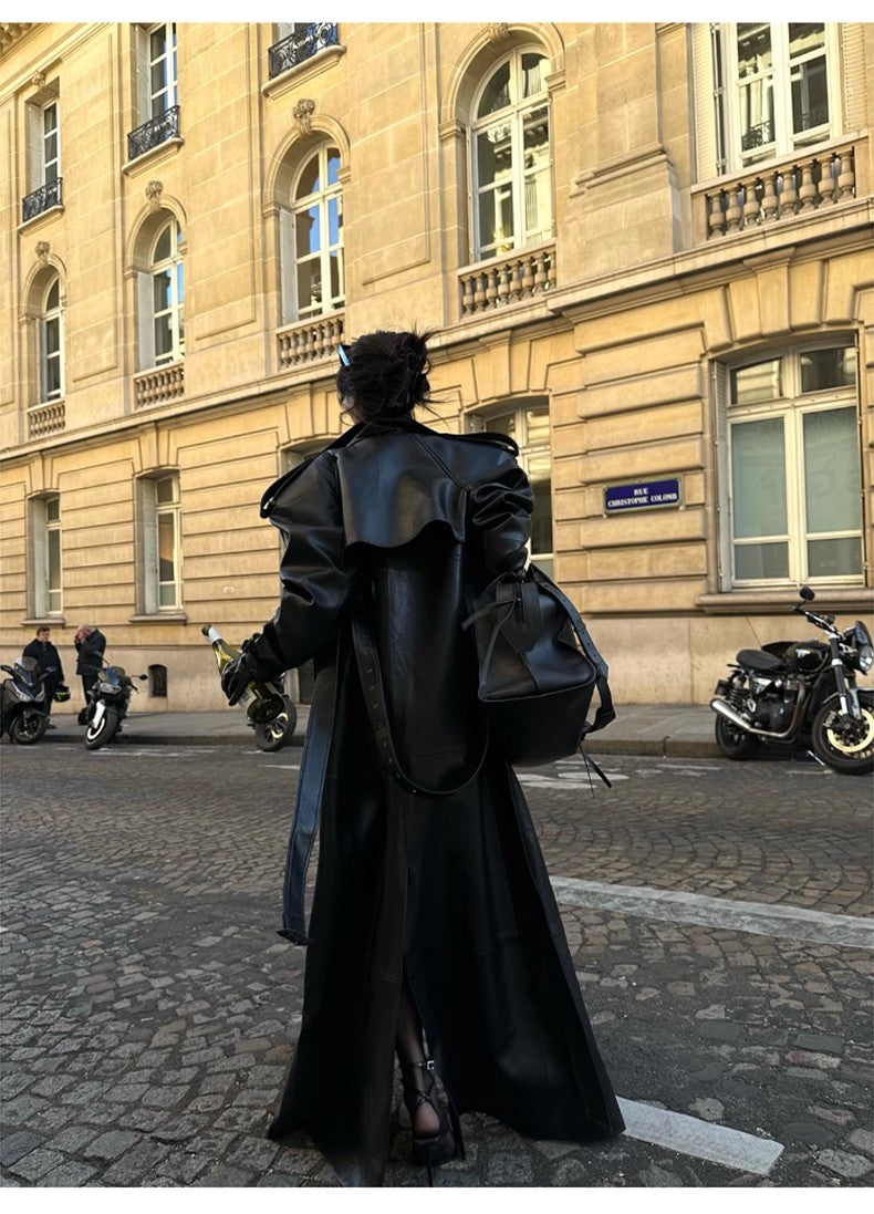Lautaro Spring Autumn Extra Long Black Pu Leather Trench Coat for Women with Back High Slit Luxury Chic European Fashion 2024