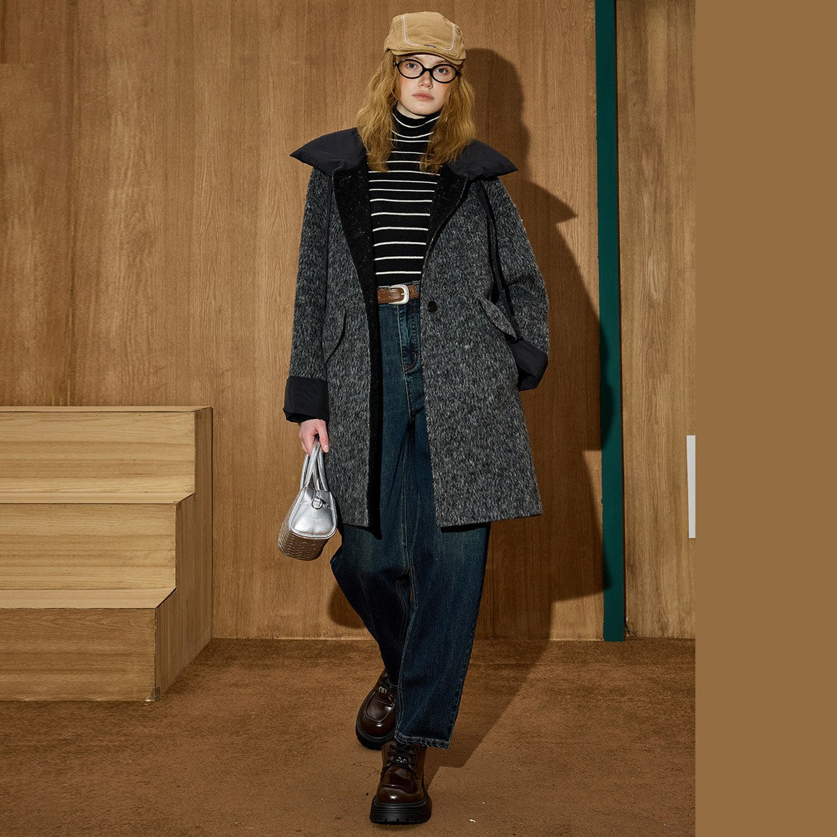 2025 Winter Women's Long Trench Coat Double Faced Wool Blend Parka Unique Patchwork Design Warm Down Filled Overcoat Outerwear