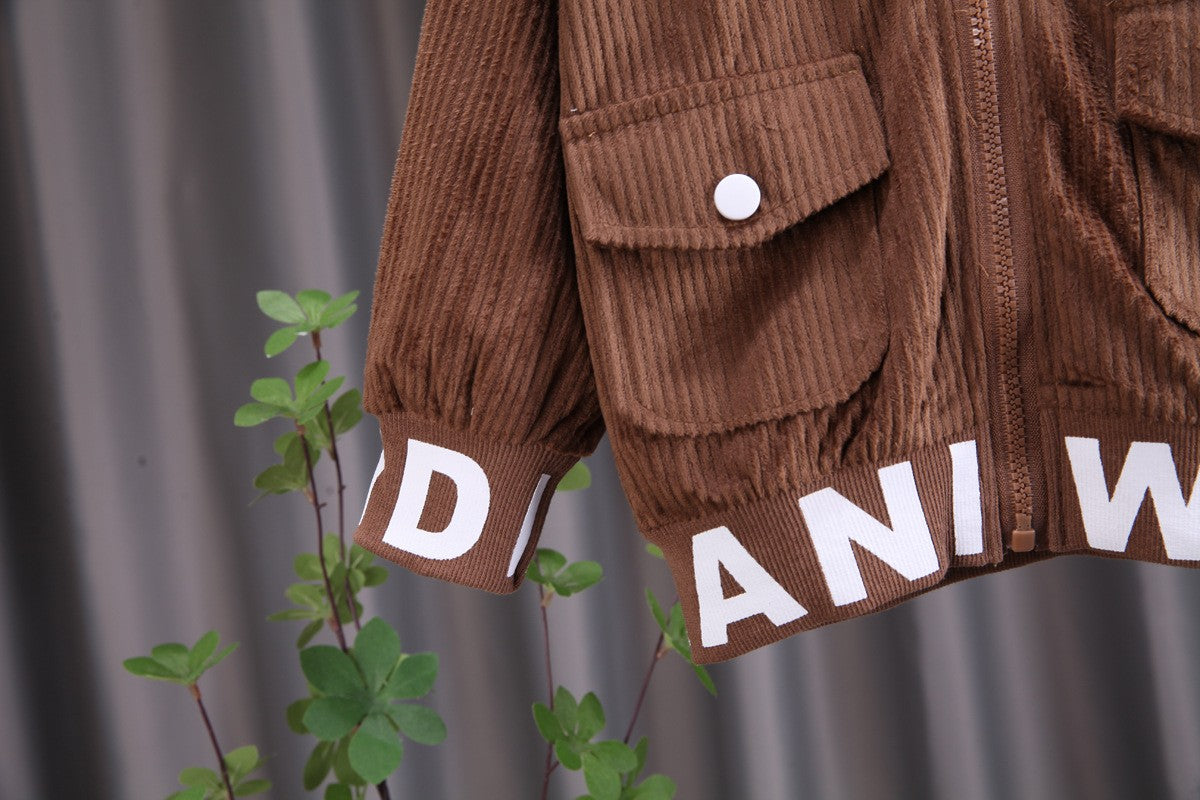 Baby boy clothes corduroy zipper long sleeved casual sports two-piece set for 0-5 year old fashionable girls with top and pants