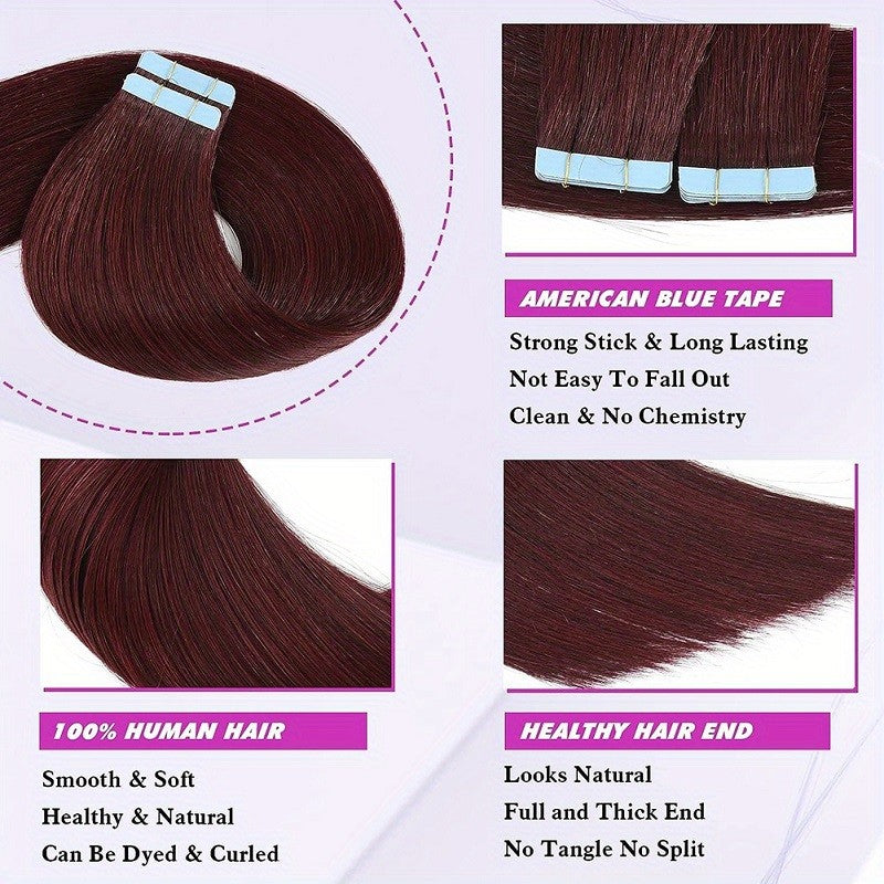 Extensões de Cabelo Borgonha com Fita Adesiva, Cabelo Humano Real, Extensões Vermelhas #99j Preto para Prata Liso para Mulheres